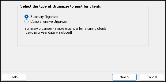 Image of "Select the type of Organizer" window